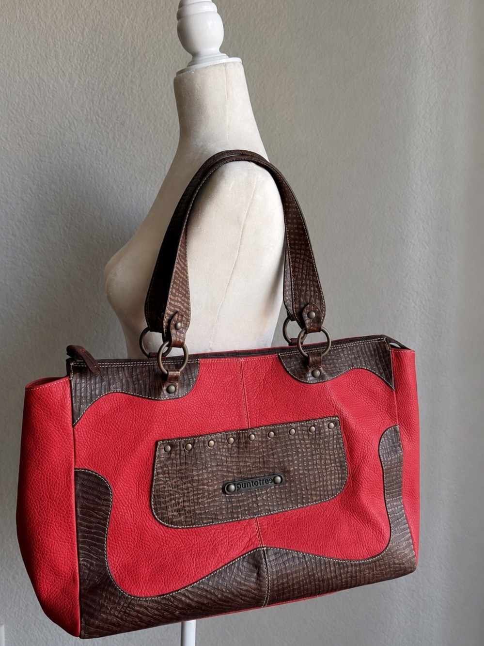 Puntotres Vintage Spanish Leather Tote | Red & Brown Colorblock | Made in Spain